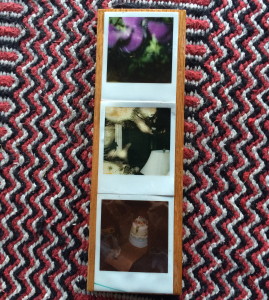 3 random polaroids (purple flowers & camera flash at night.. a lamp & print agitation.. a massive cake in a cardboard box). laid on a 13x4 inch piece of wood and coated in casting resin. made with love for random objects and moments that catch your eye for no apparent reason. there is only one of these on the planet. it can be yours.